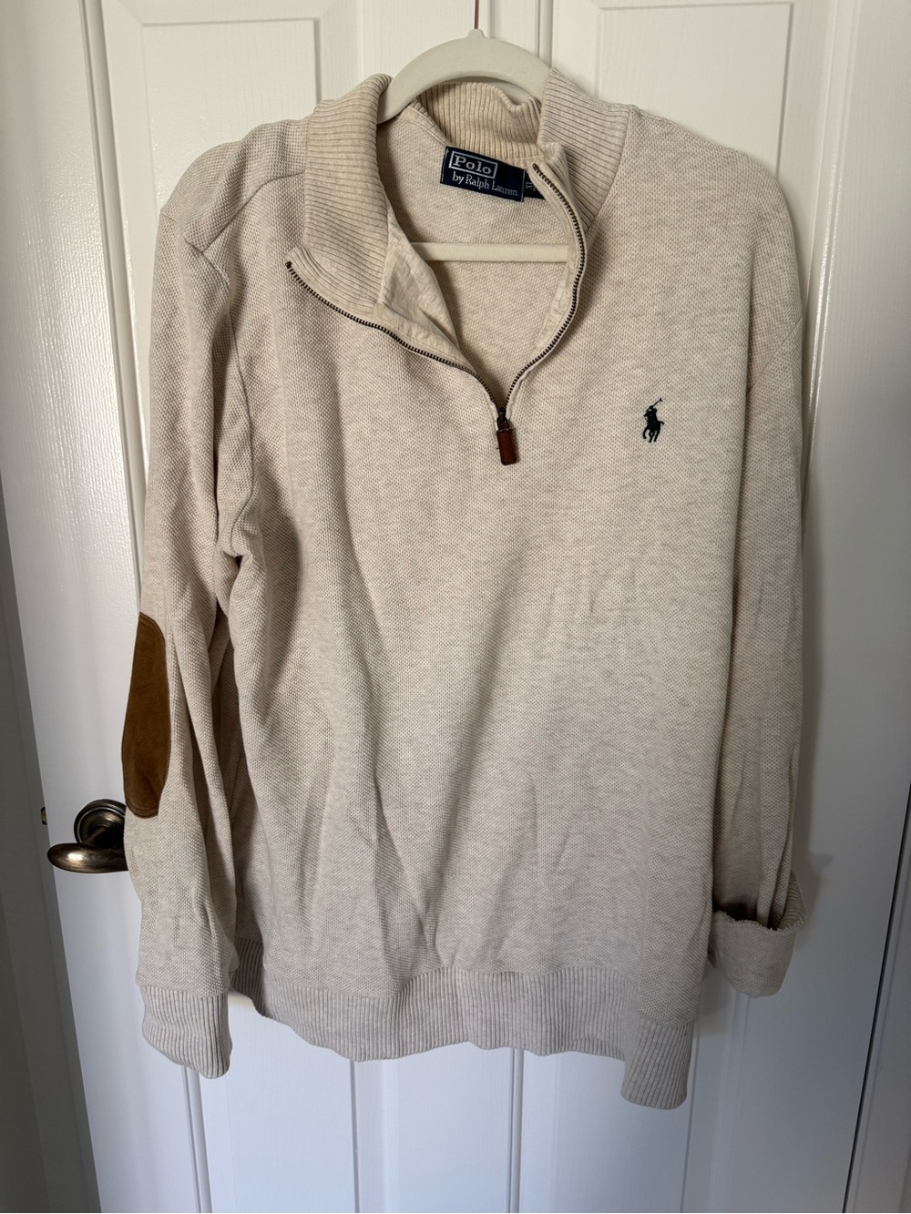 Vintage Ralph Lauren Cream Quarter-Zip Sweater with Brown Elbow Patches